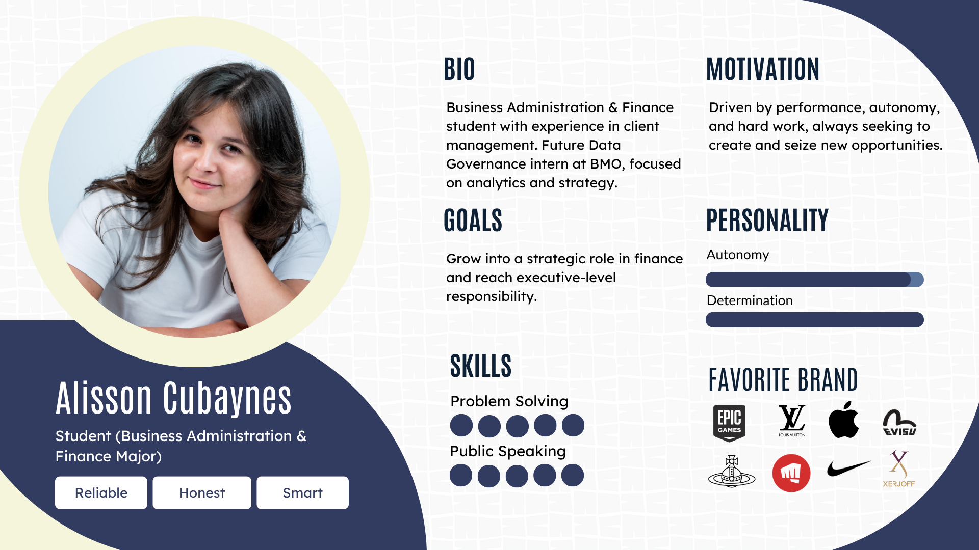 Profile page of Alisson Cubaynes, business administration and finance student, featuring bio, goals, skills, and personality traits