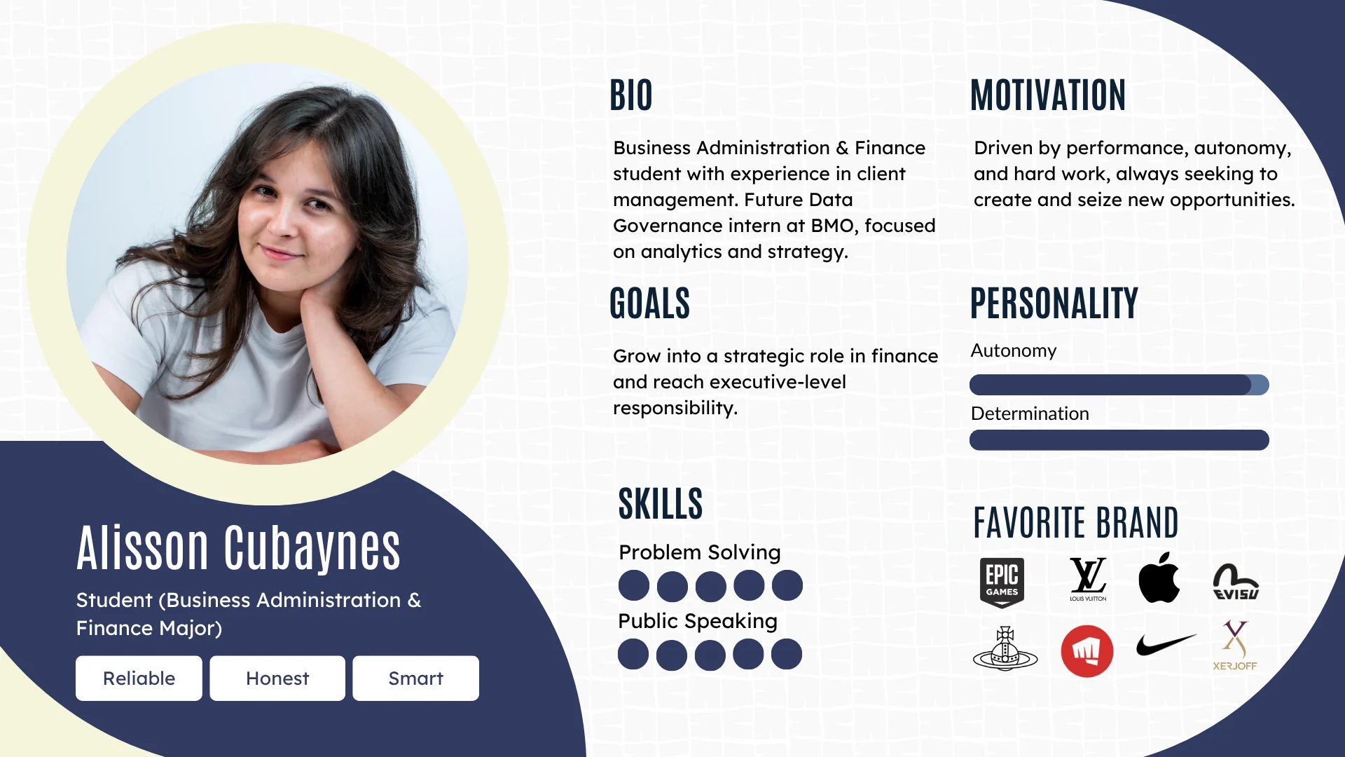 Profile page of Alisson Cubaynes, business administration and finance student, featuring bio, goals, skills, and personality traits