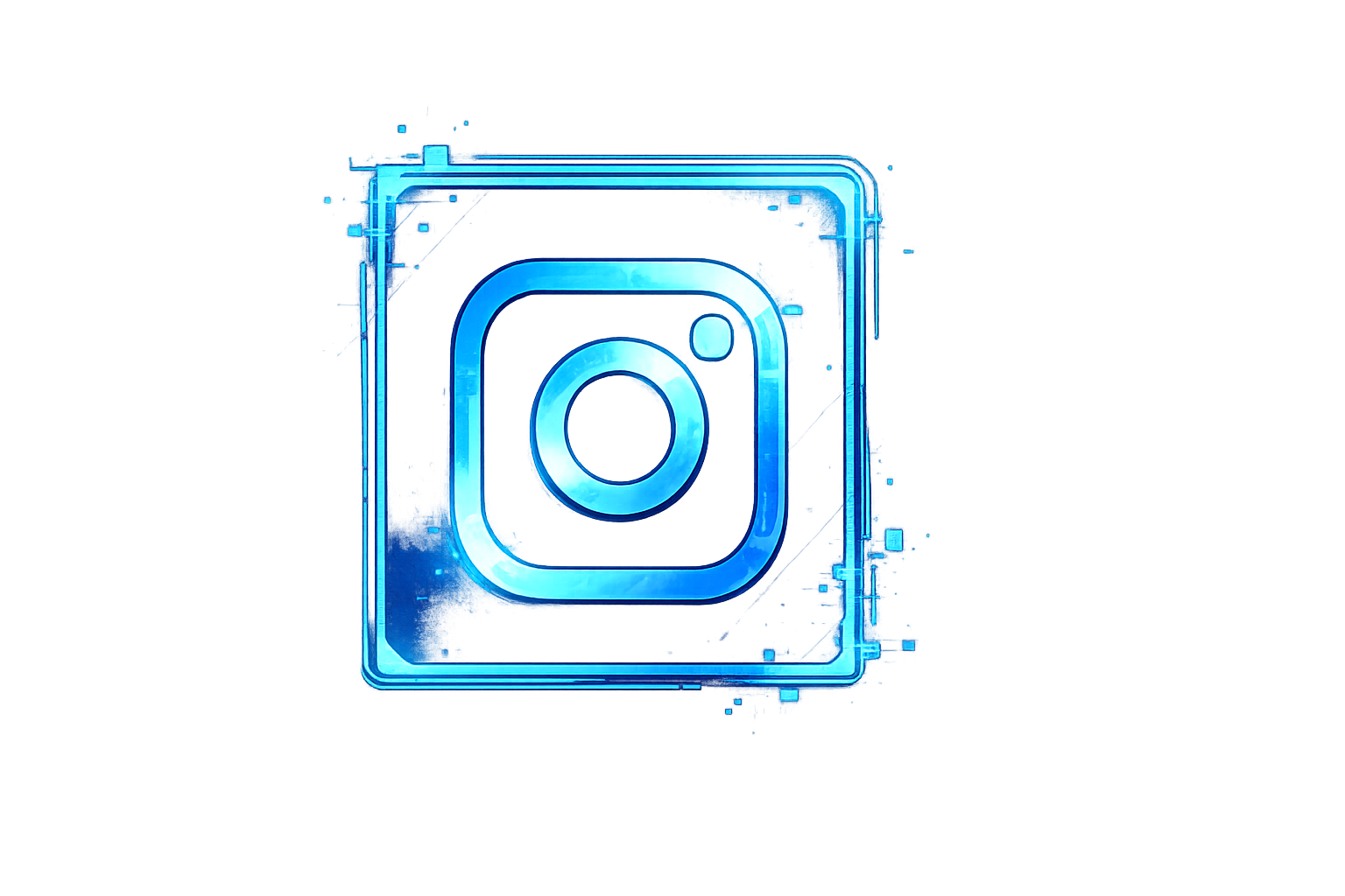 Glowing blue futuristic Instagram icon with digital glitch effect on black background