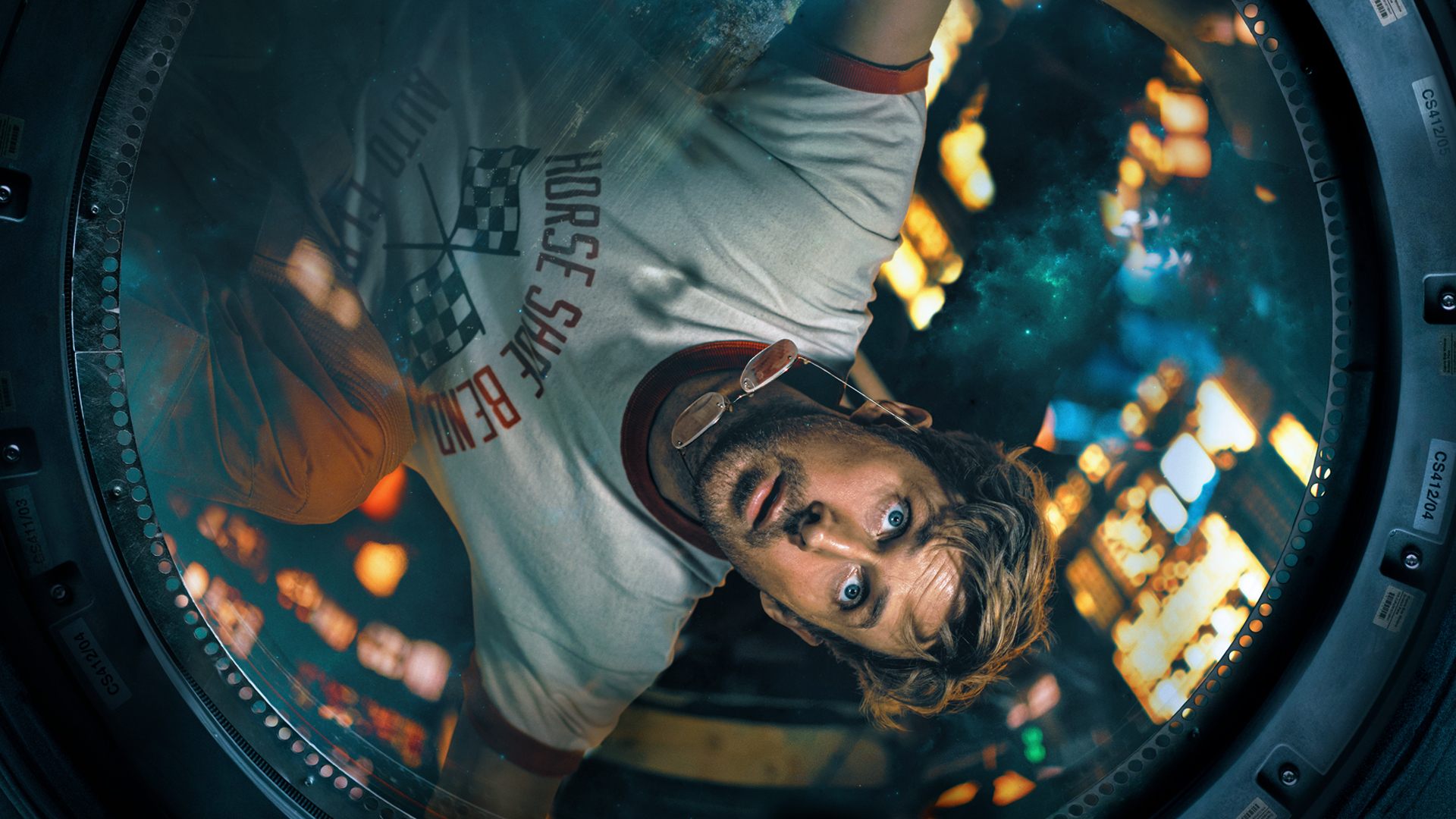 Screenshot from the movie Project Hail Mary showing astronaut Ryland Grace, played by Ryan Gosling, inside a spacecraft window looking surprised