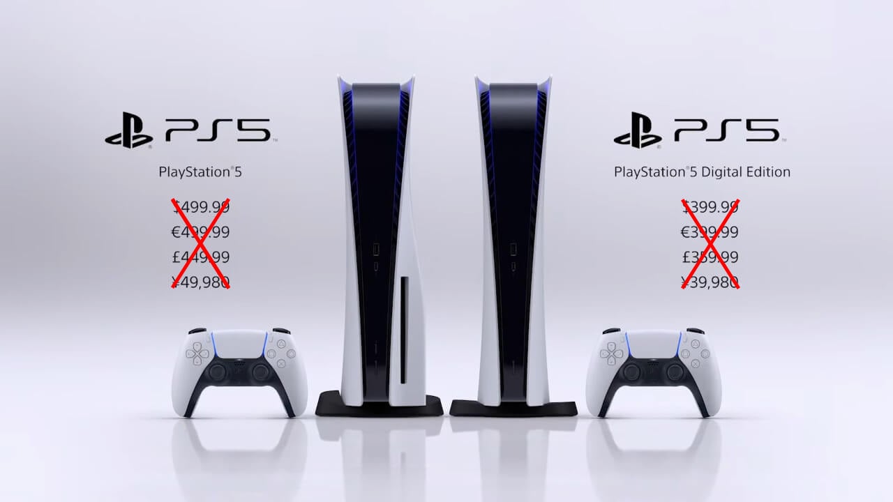 PlayStation 5 consoles with original prices crossed out, illustrating price increase announcement